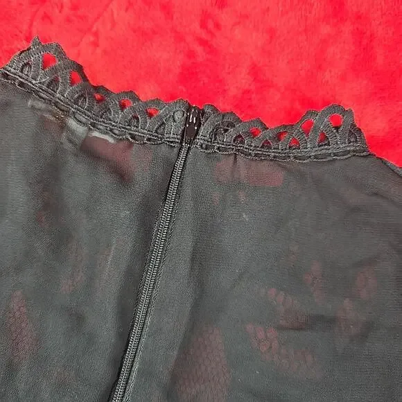 Peach Black Sheer Lace Blouse Floral Scalloped Trim Whimsigoth Coquette Size M - Picture 14 of 16